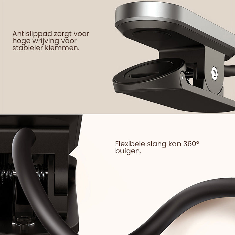 "Bärbar LED-bordslampa med klämma och pekfunktion, flexibel arm, vit design för nattläsning och arbetsyta belysning."