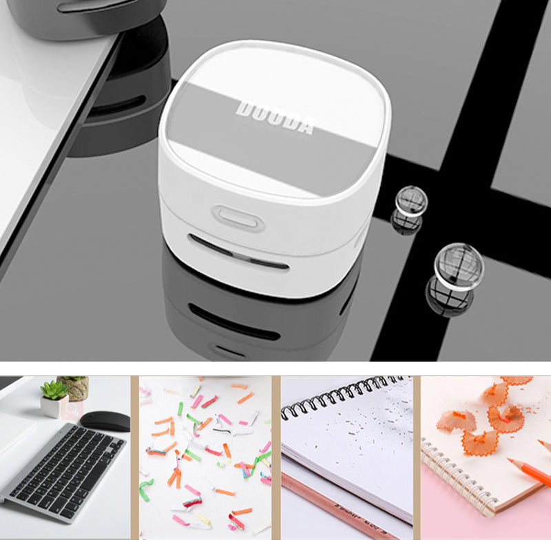 "Bärbar mini elektrisk dammsugare, fyrkantig och vit, kompakt design för skrivbord och bil, laddbar via USB och batteri."