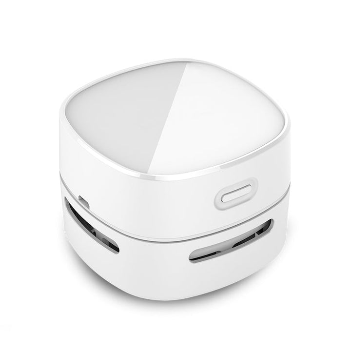 "Bärbar mini elektrisk dammsugare, fyrkantig och vit, kompakt design för skrivbord och bil, laddbar via USB och batteri."