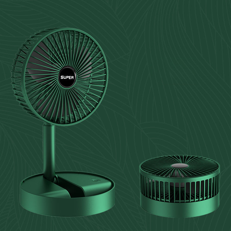 "Bärbar mini teleskopisk fläkt i skogsgrön färg, USB-laddning, kompakt design, perfekt för resor och inomhusbruk."