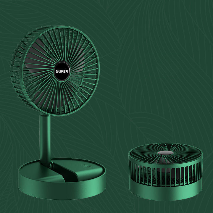 "Bärbar mini teleskopisk fläkt i skogsgrön färg, USB-laddning, kompakt design, perfekt för resor och inomhusbruk."