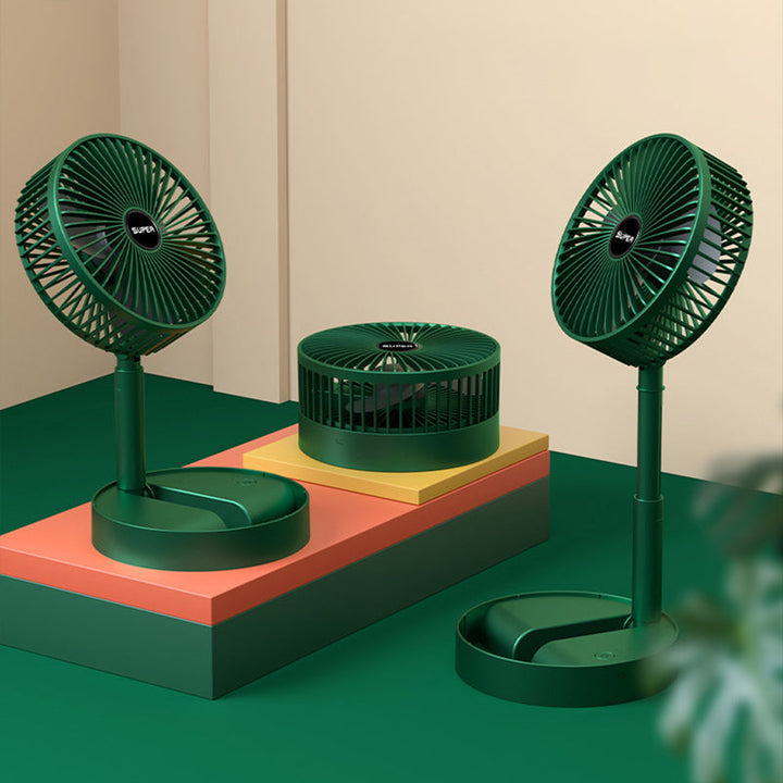 "Bärbar mini teleskopisk fläkt i skogsgrön färg, USB-laddning, kompakt design, perfekt för resor och inomhusbruk."