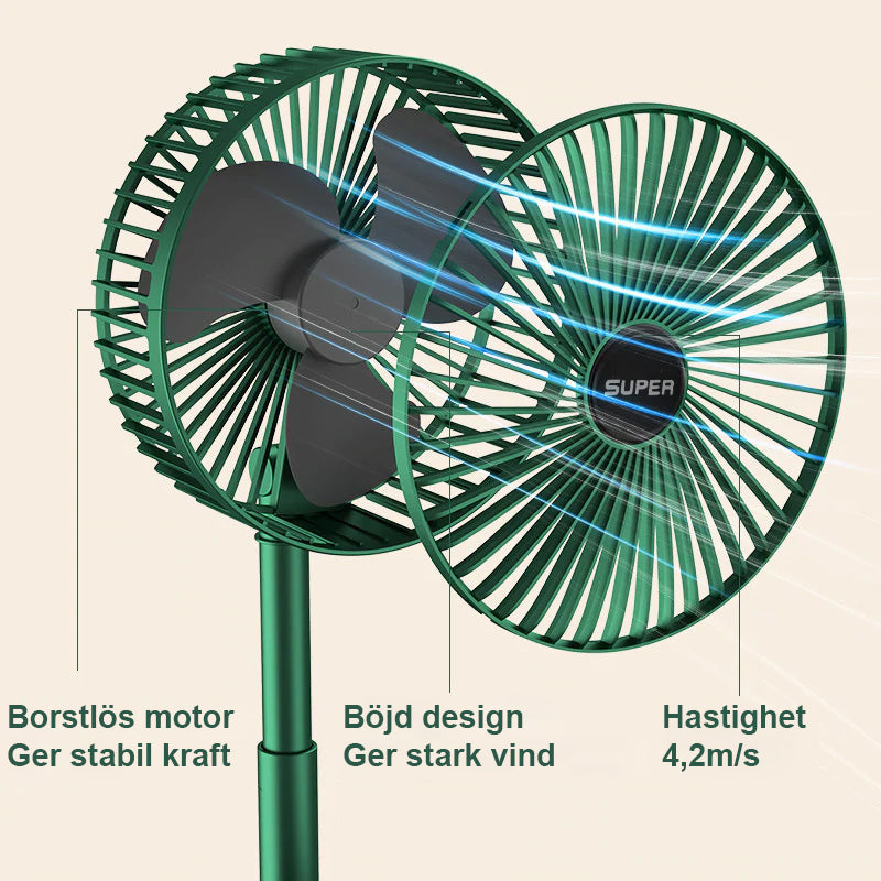 "Bärbar mini teleskopisk fläkt i skogsgrön färg, USB-laddning, kompakt design, perfekt för resor och inomhusbruk."