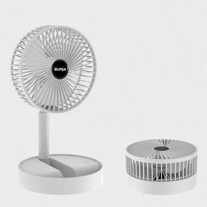 "Bärbar mini teleskopisk fläkt i skogsgrön färg, USB-laddning, kompakt design, perfekt för resor och inomhusbruk."