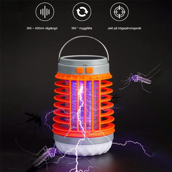 Bärbar mygg- och insektsdödare med UV-teknik, kompakt design för utomhus och inomhusbruk, svart och orange detaljer.