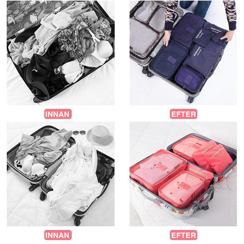 Bärbar organisatörsväska, grå, vattenresistent, 6 delar, förpackning organiserad för resor och lättåtkomlig.