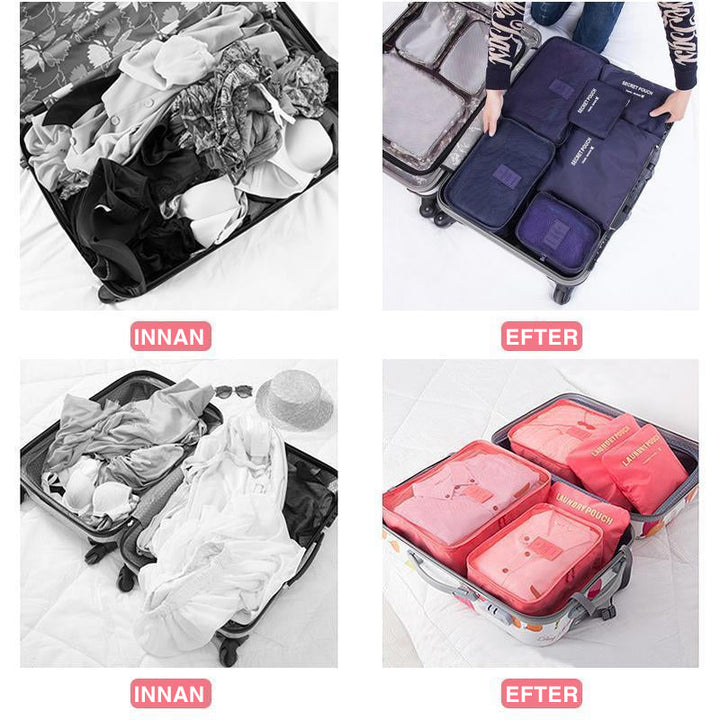 Bärbar organisatörsväska, grå, vattenresistent, 6 delar, förpackning organiserad för resor och lättåtkomlig.