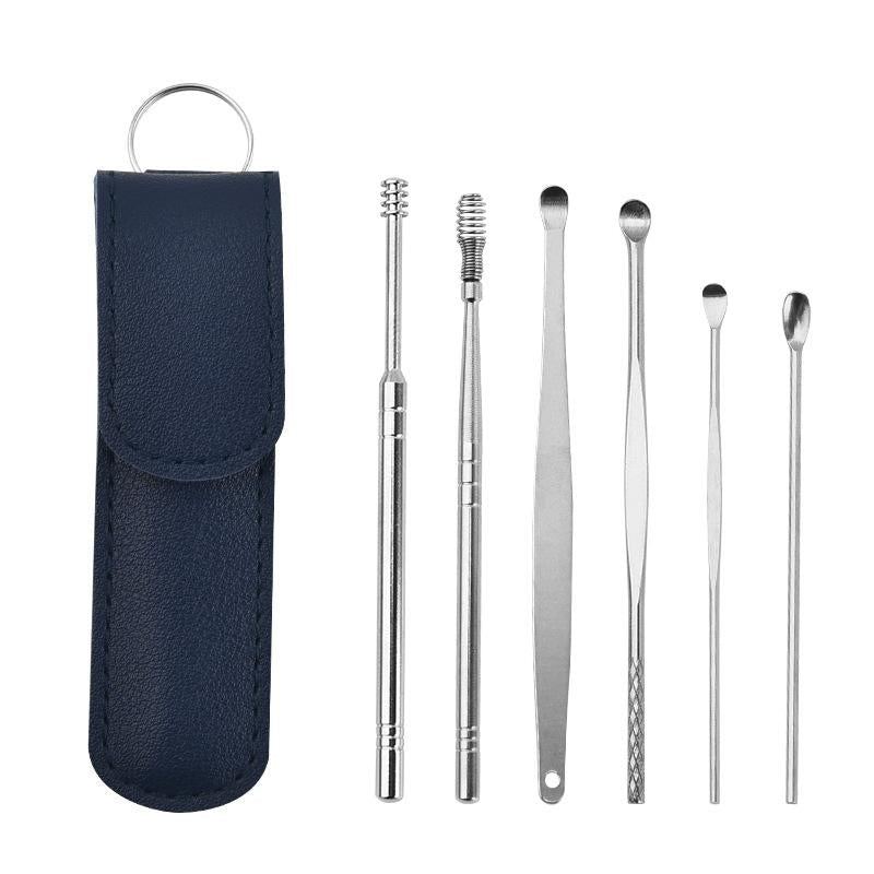 "Bärbar öronvax rengöringssats i rostfritt stål med eleganta verktyg och färgglada PU-väska, flera färger tillgängliga."