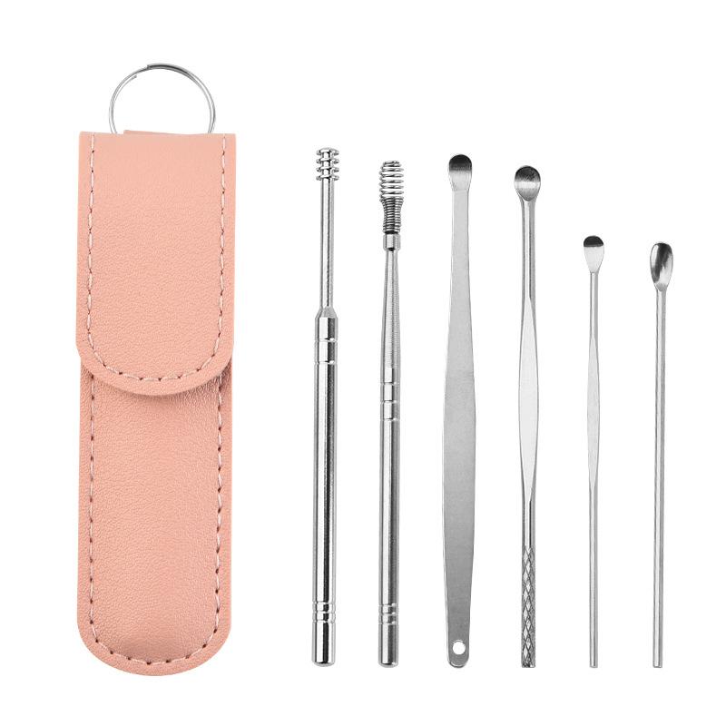 "Bärbar öronvax rengöringssats i rostfritt stål med eleganta verktyg och färgglada PU-väska, flera färger tillgängliga."