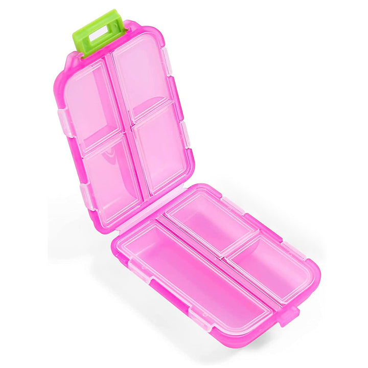 Bärbar pillerlåda i flera färger, kompakt design, perfekt för resa och förvaring av piller, vitaminer och småsaker.