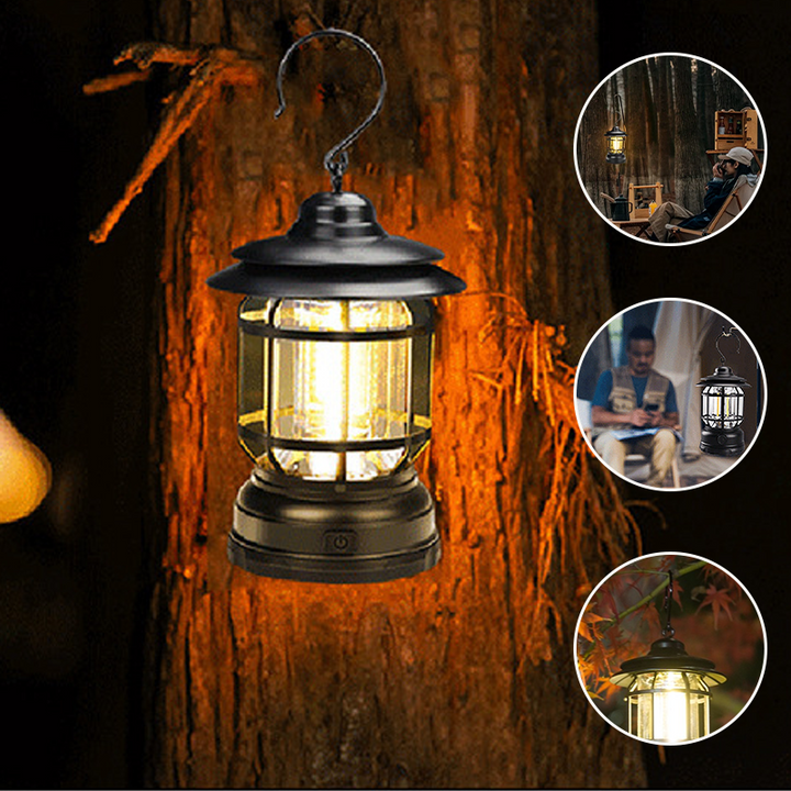 "Bärbar retro LED campinglampa, röd färg, med mjuk 360° belysning i stilren retro design för utomhusbruk."