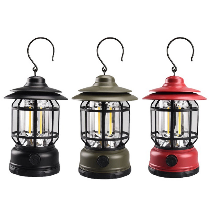 "Bärbar retro LED campinglampa, röd färg, med mjuk 360° belysning i stilren retro design för utomhusbruk."