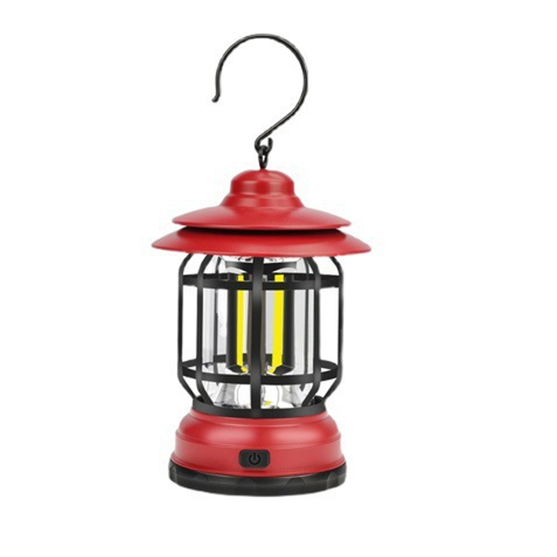 "Bärbar retro LED campinglampa, röd färg, med mjuk 360° belysning i stilren retro design för utomhusbruk."