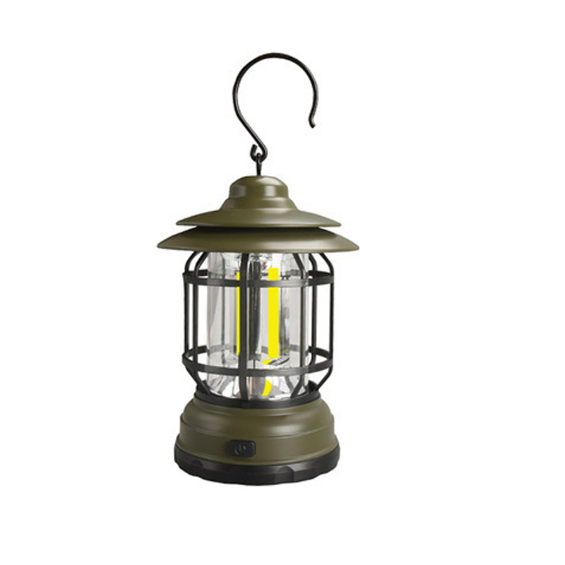 "Bärbar retro LED campinglampa, röd färg, med mjuk 360° belysning i stilren retro design för utomhusbruk."