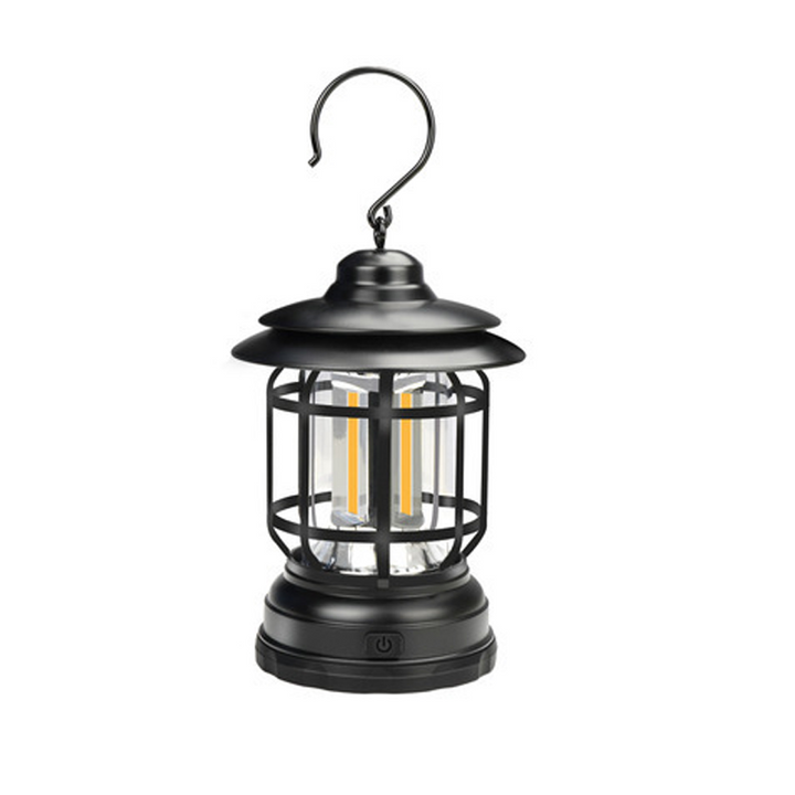 "Bärbar retro LED campinglampa, röd färg, med mjuk 360° belysning i stilren retro design för utomhusbruk."