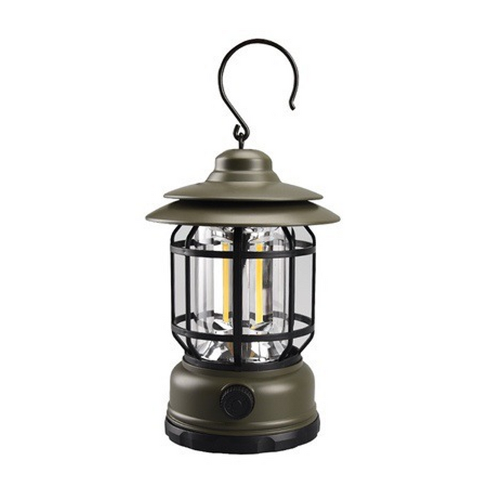 "Bärbar retro LED campinglampa, röd färg, med mjuk 360° belysning i stilren retro design för utomhusbruk."