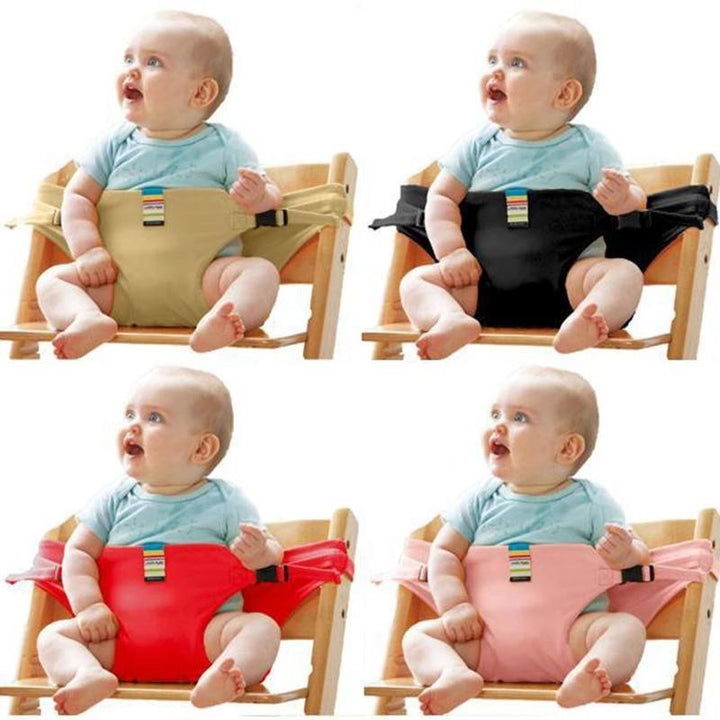 "Bärbar säkerhetssele för babymatstol, justerbara band, idealisk för resor, kompakt design, trygg och säker användning."
