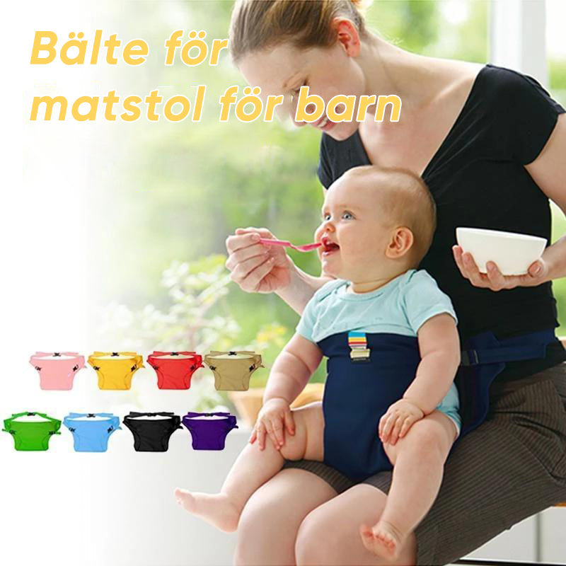"Bärbar säkerhetssele för babymatstol, justerbara band, idealisk för resor, kompakt design, trygg och säker användning."