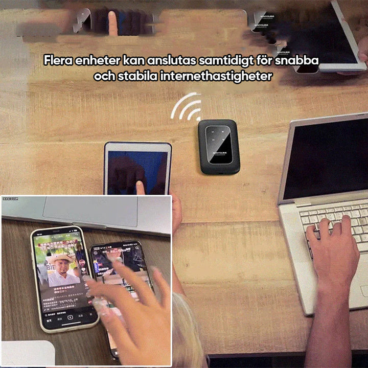 "Bärbar trådlös WiFi-router med 4G/5G-antenn, kompakt design, vit färg, 2100mAh batteri för lång användningstid."