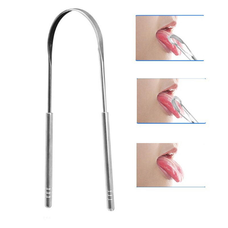 "Bärbar tungskrapa i rostfritt stål för munhygien, elegant design, effektiv, hållbar, lätt att använda."