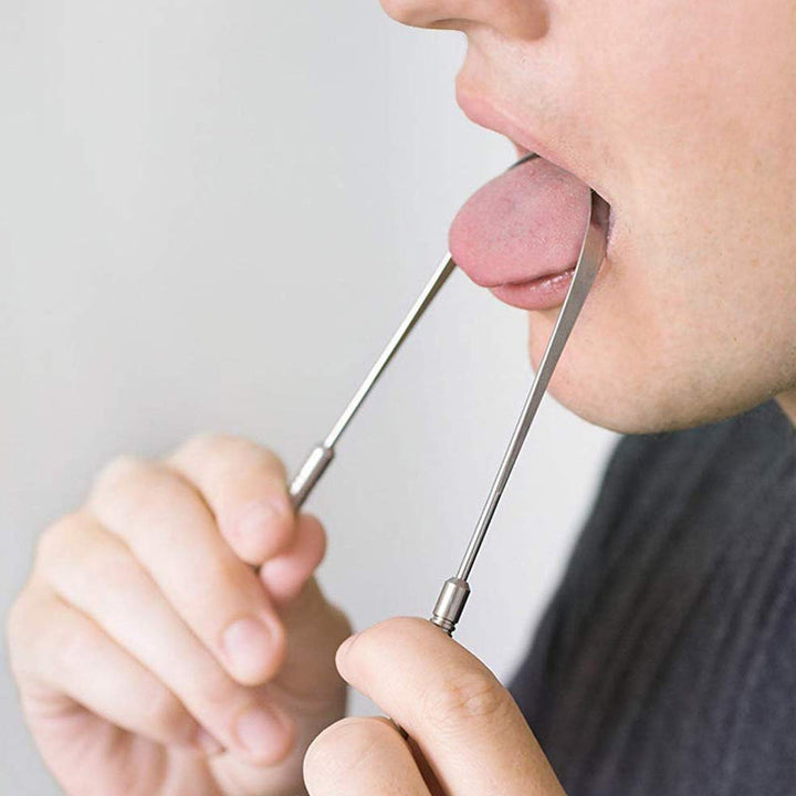 "Bärbar tungskrapa i rostfritt stål för munhygien, elegant design, effektiv, hållbar, lätt att använda."