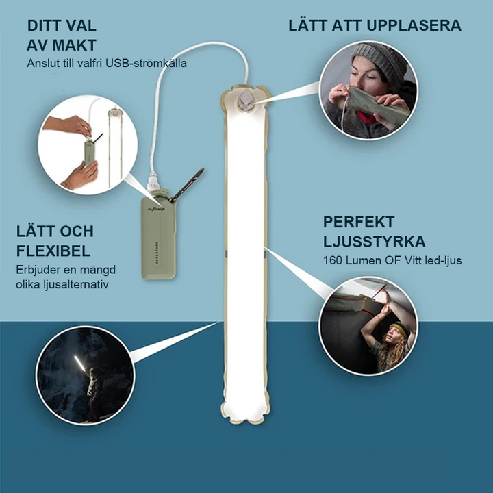 "Bärbar uppblåsbar LED-campinglampa med USB, vit design, hängande, perfekt för nattliga äventyr med justerbart ljus."