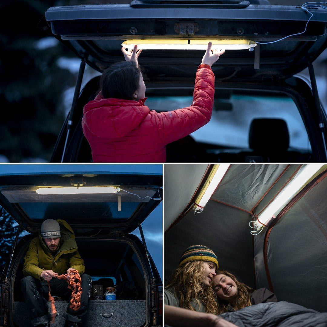 "Bärbar uppblåsbar LED-campinglampa med USB, vit design, hängande, perfekt för nattliga äventyr med justerbart ljus."