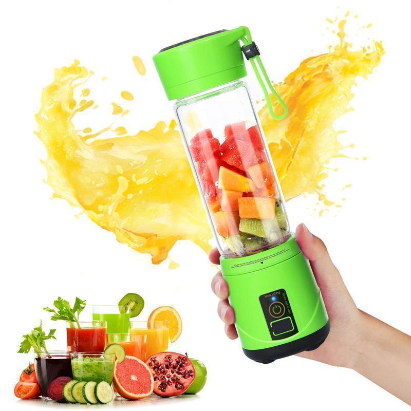 "Bärbar USB-juicepress i glas och plast, i rosa, blå, grön eller lila, 380 ml kapacitet, perfekt för färsk juice."