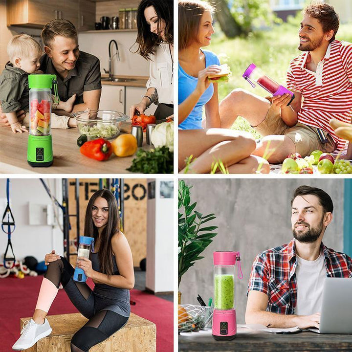 "Bärbar USB-juicepress i glas och plast, i rosa, blå, grön eller lila, 380 ml kapacitet, perfekt för färsk juice."