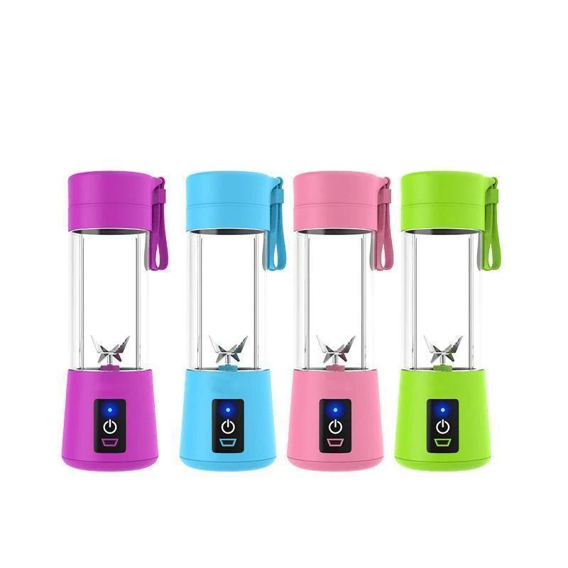 "Bärbar USB-juicepress i glas och plast, i rosa, blå, grön eller lila, 380 ml kapacitet, perfekt för färsk juice."