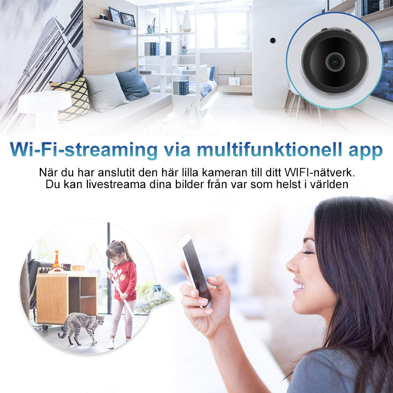 "Bärbar Wi-Fi övervakningskamera med bred vinkel, svartvit design, smart funktionalitet och appkontroll för hemmet."