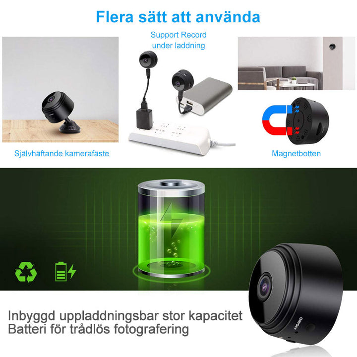 "Bärbar Wi-Fi övervakningskamera med bred vinkel, svartvit design, smart funktionalitet och appkontroll för hemmet."