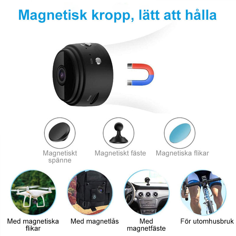 "Bärbar Wi-Fi övervakningskamera med bred vinkel, svartvit design, smart funktionalitet och appkontroll för hemmet."