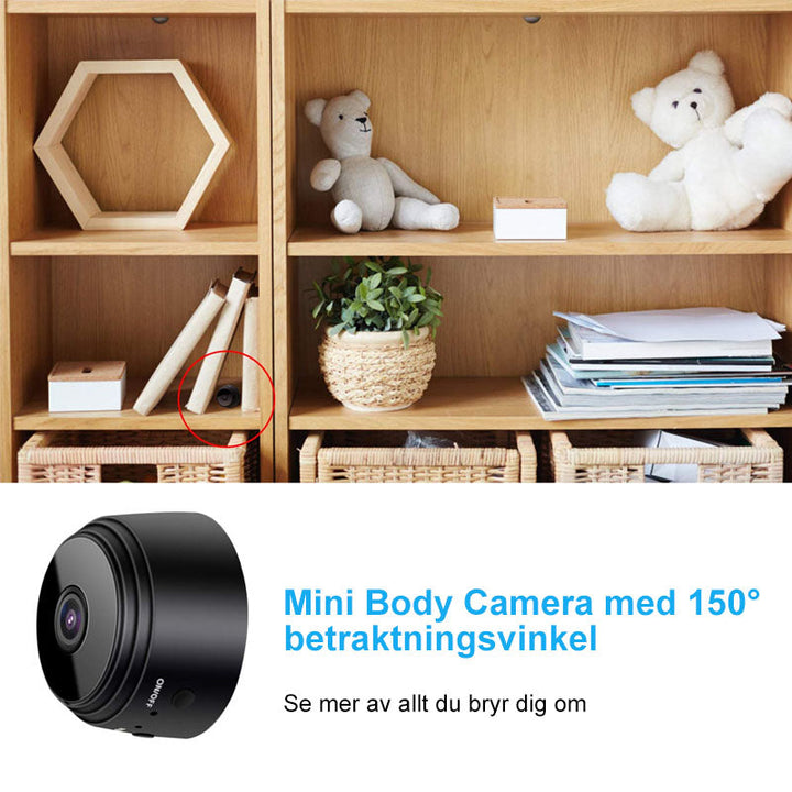 "Bärbar Wi-Fi övervakningskamera med bred vinkel, svartvit design, smart funktionalitet och appkontroll för hemmet."