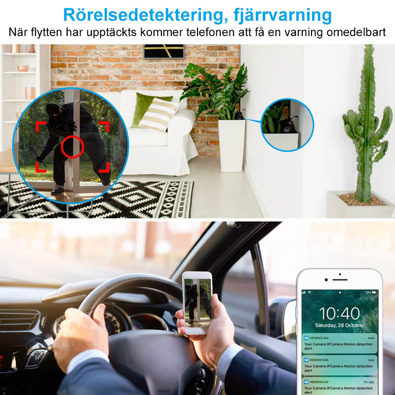 "Bärbar Wi-Fi övervakningskamera med bred vinkel, svartvit design, smart funktionalitet och appkontroll för hemmet."
