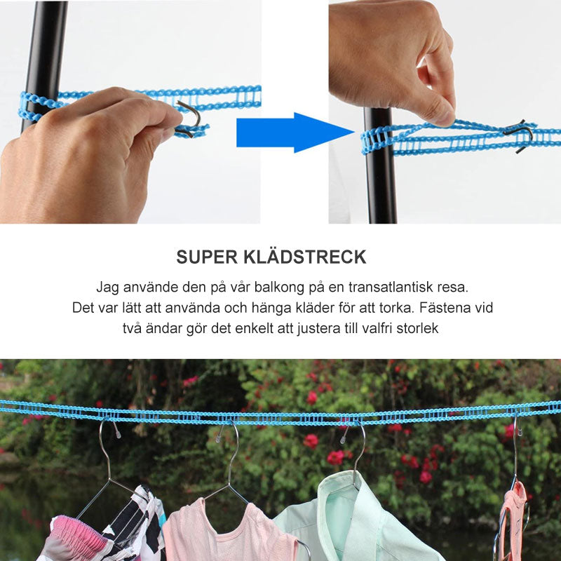Bärbart klädstreck i polyeten, grön färg, enkel att justera med krokar, för hem och camping, 5 meter lång.
