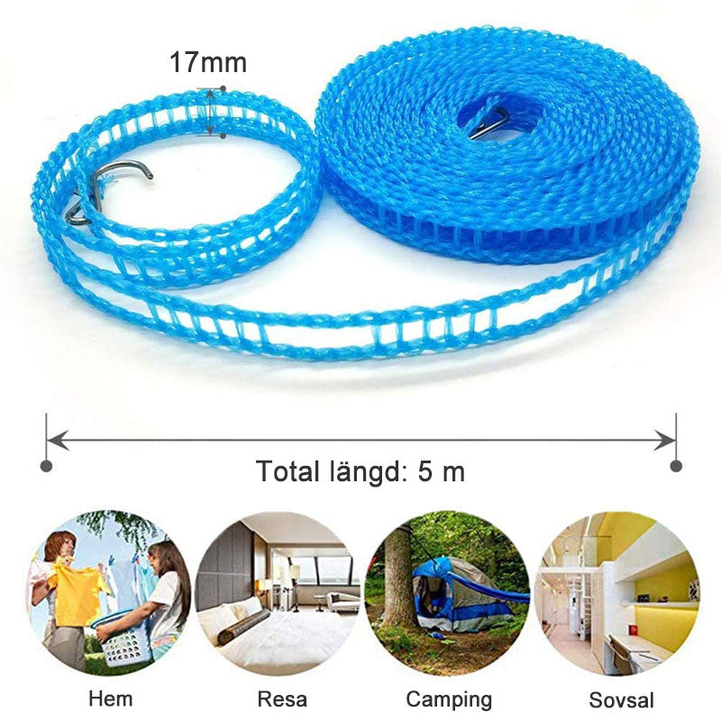 Bärbart klädstreck i polyeten, grön färg, enkel att justera med krokar, för hem och camping, 5 meter lång.