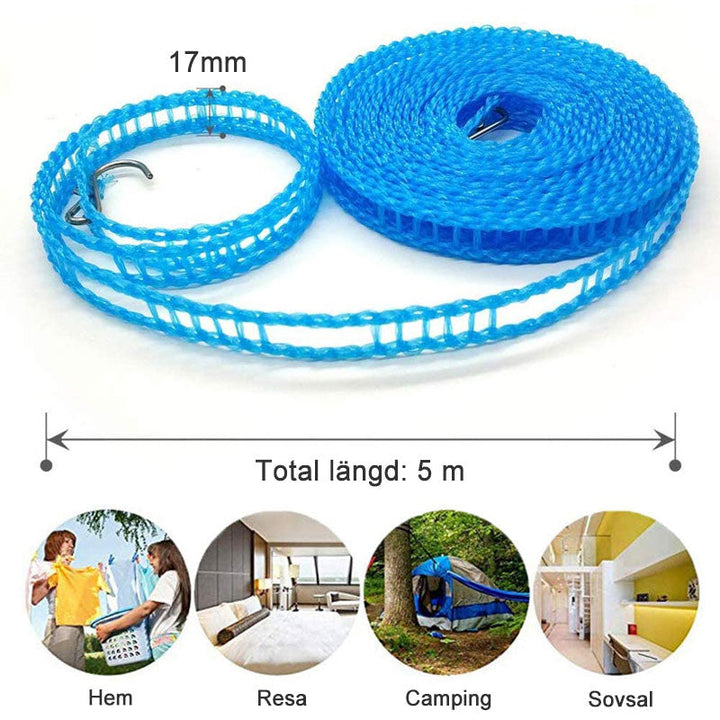 Bärbart klädstreck i polyeten, grön färg, enkel att justera med krokar, för hem och camping, 5 meter lång.