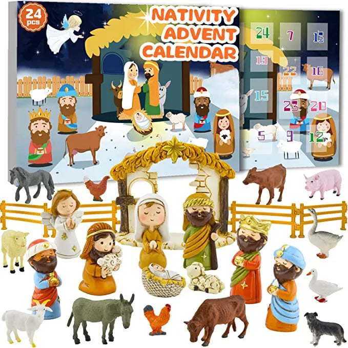"Barn adventskalender med krubba, 24 överraskningar, figurer, djur och juldekorationer i färgglada plastmaterial."