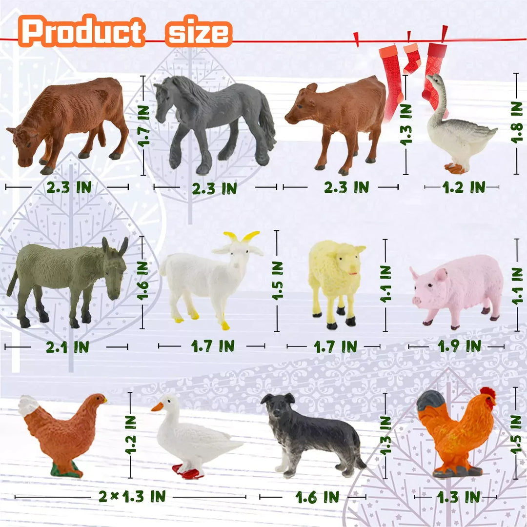 "Barn adventskalender med krubba, 24 överraskningar, figurer, djur och juldekorationer i färgglada plastmaterial."