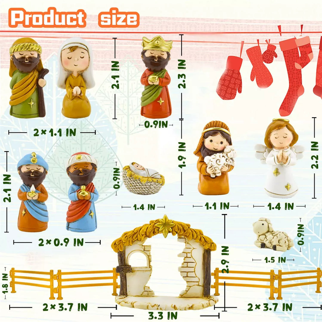 "Barn adventskalender med krubba, 24 överraskningar, figurer, djur och juldekorationer i färgglada plastmaterial."