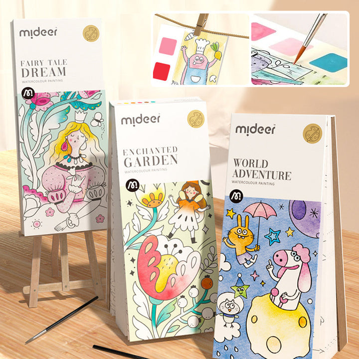 "Barn fickakvarell målningsbok med färgglada illustrationer, säker för små händer, främjar kreativitet och lärande."