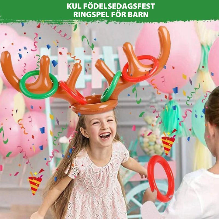 Barn uppblåsbart ringkastningsspel med färgglada renhorn och kastringar för festlig jullek, perfekt för familjer.