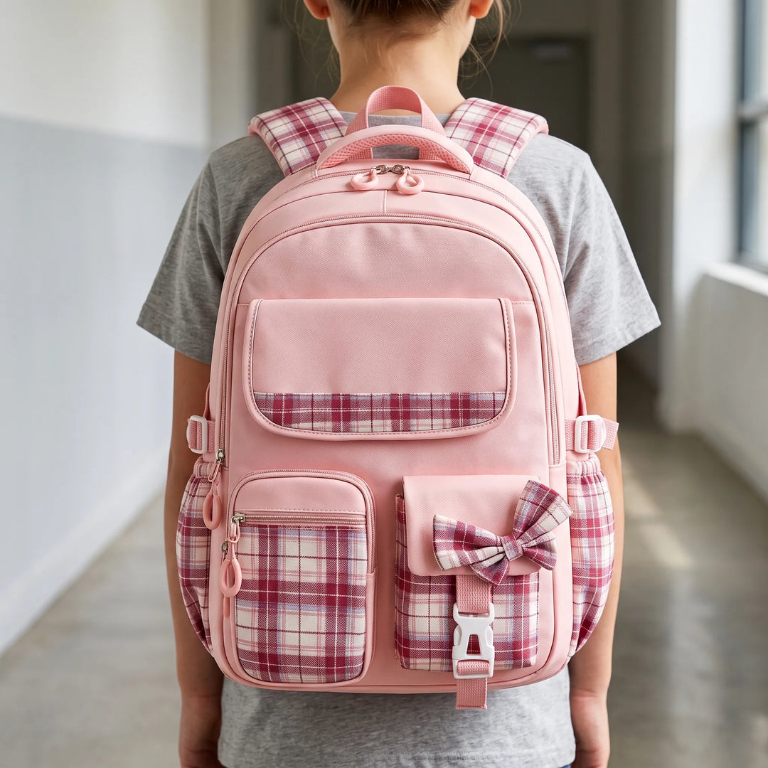 Barns skolryggsäck med klassiskt blå- och vitrutigt mönster, perfekt för skolan och vardagen.