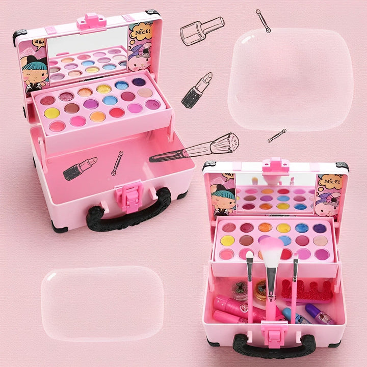 "Barnsminkset i lekhusform med färgglada sminkprodukter, perfekt för kreativa barn. Säker och rolig lek för unga fashionister