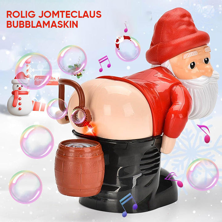 "Barnvänlig jultomte-inspirerad bubbelmaskin med färgglada bubblor, blinkande ljus och musik för magisk julstämning."