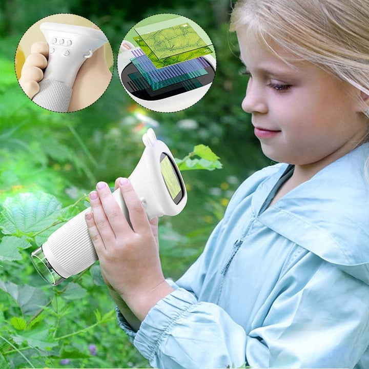 Barnvetenskapsmikroskop med färgdisplay, kompakt design, kraftfull förstoring och LED-belysning för unga forskare.