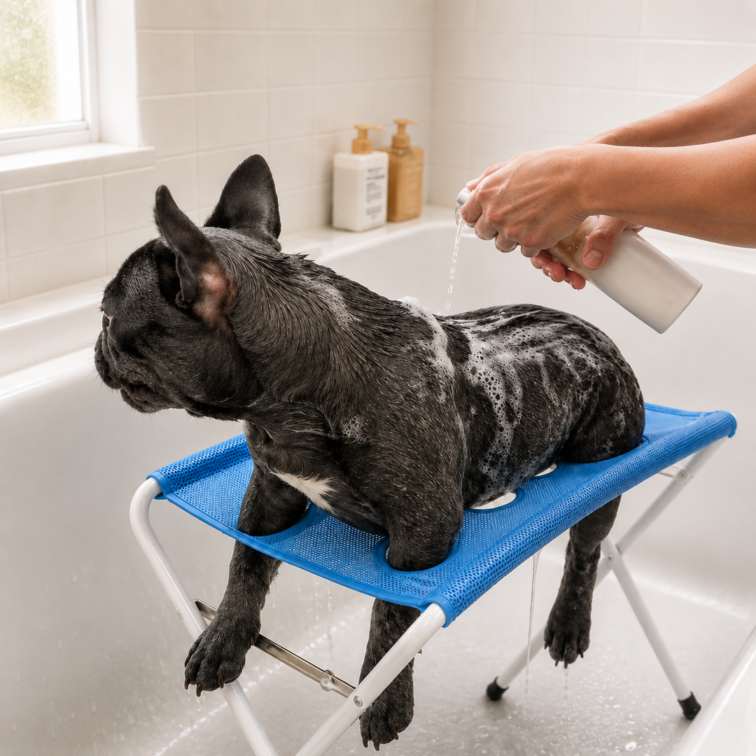 En svart fransk bulldog som står på en blå Stillpaw badplattform i ett badkar under schamponering