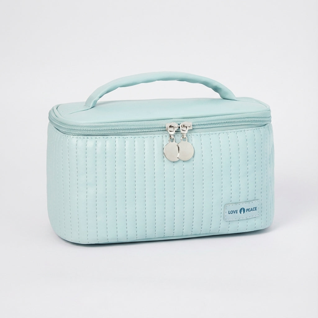 Beige sminkväska (NeatCase) med fack för borstar och make-up, perfekt för organiserad förvaring hemma & på resan.