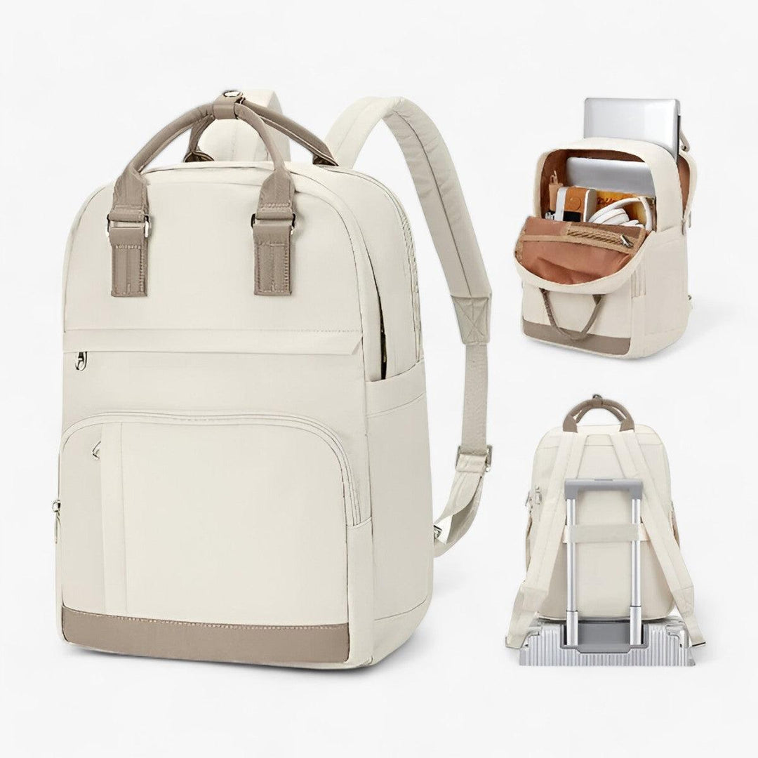 Stilren beige unisex ryggsäck, vattentät & funktionell. Urban design för alla årstider, pendling & resor.